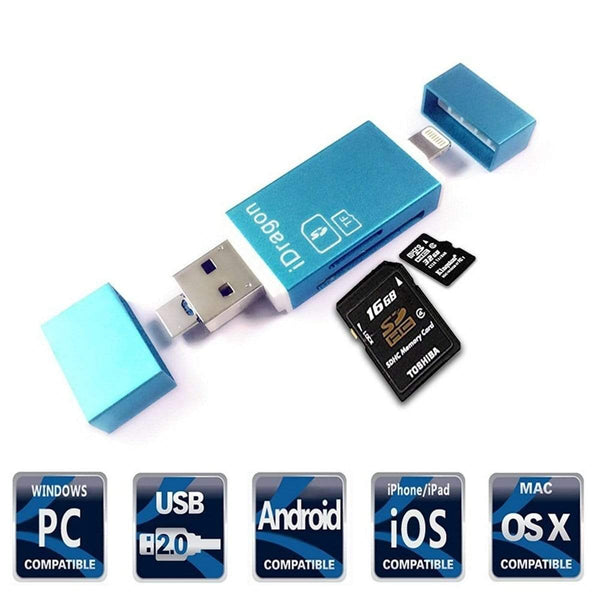 AussieSuperStore Homeware Supplies SD TF Card Reader with Lightning Micro USB Connector External Storage Memory Expansion Card Reader Lightning Micro USB Connector External Storage Memory  CBIDRAGON008
